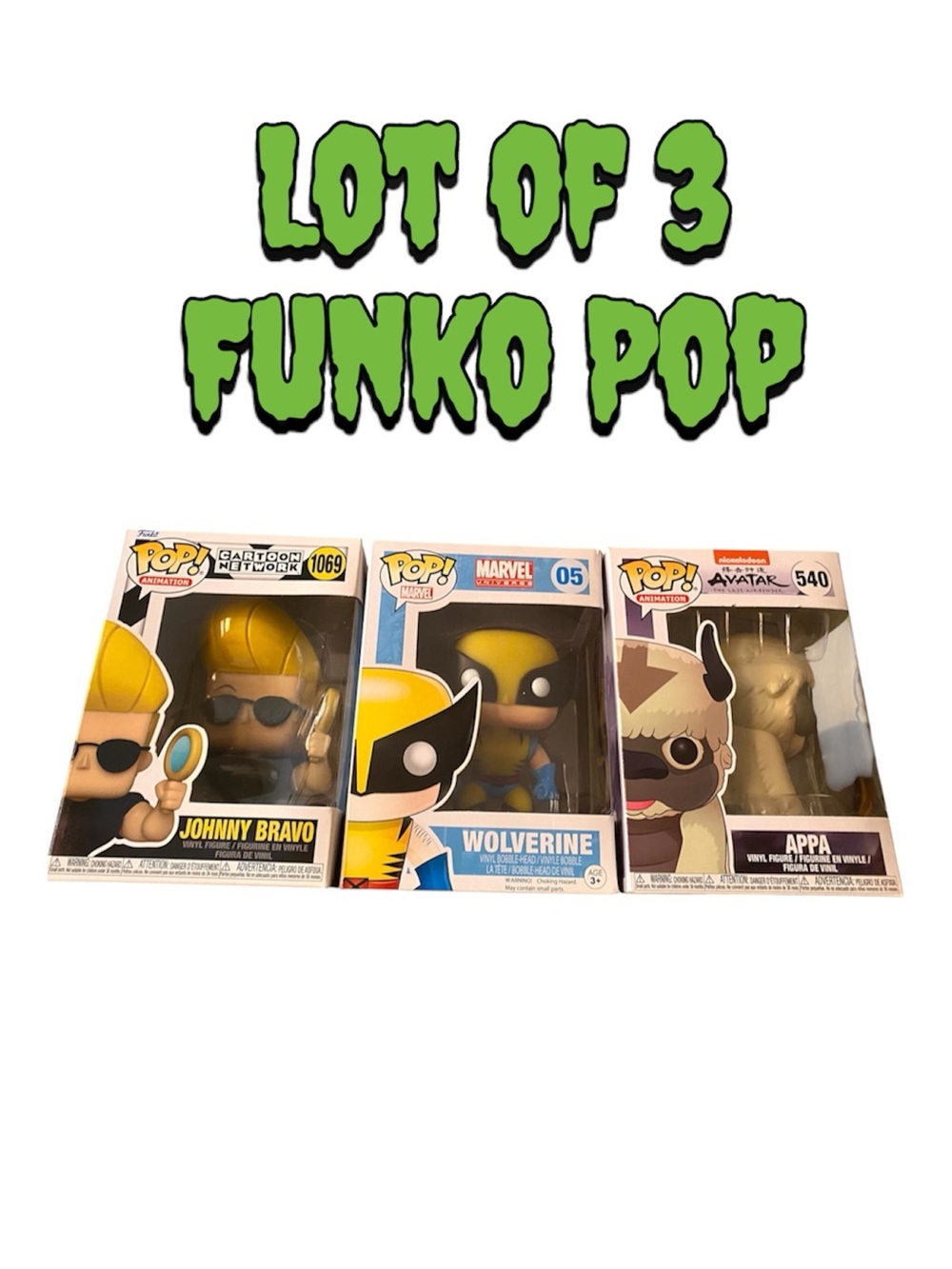 Lot of 3 Funko Pop Avatar App Marvel Wolverine Johnny Bravo Cartoon Network Xmen